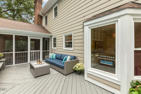 a view of a patio with couches and a potted plant on a wooden floor