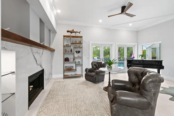 a living room with furniture and a potted plant