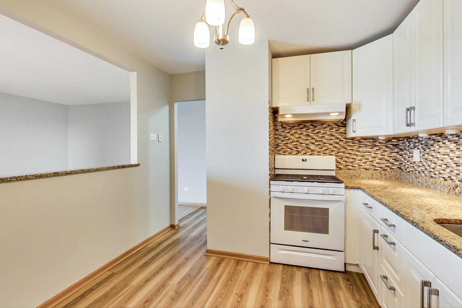 9009 Golf Road, Unit 8B Des Plaines, IL 60016 - Photo 20 of 42 a kitchen with granite countertop white cabinets and white appliances