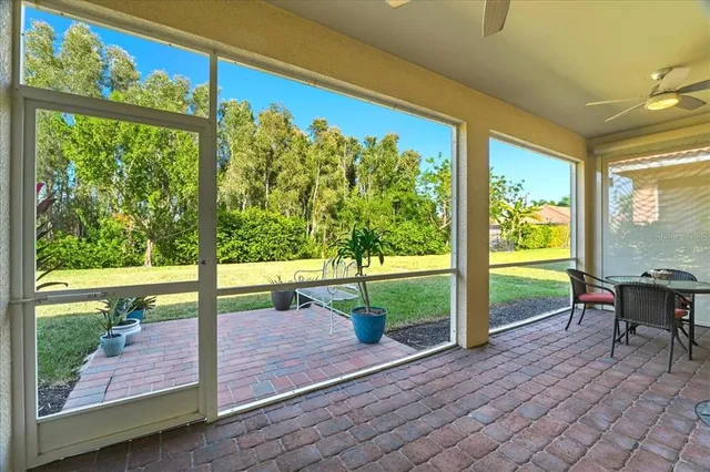 a view of a garden with an outdoor space