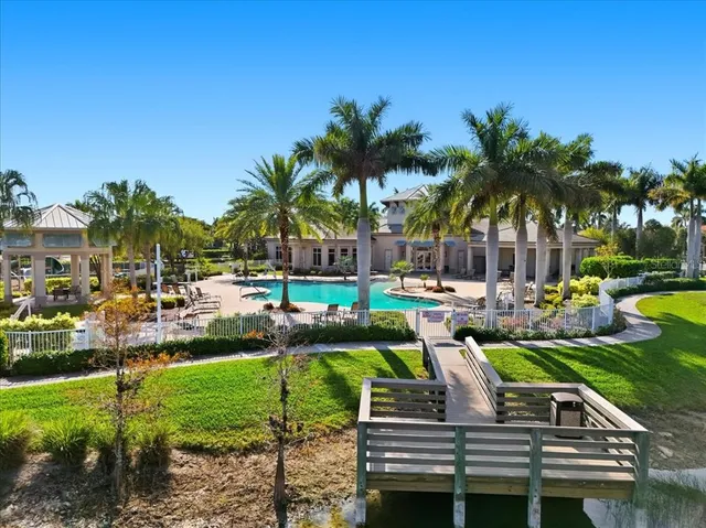a view of a swimming pool with a garden