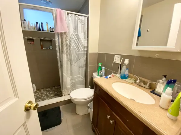 a bathroom with a sink a toilet and shower