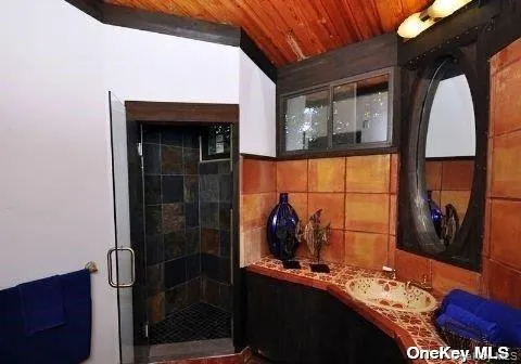 a room with a table and a mirror