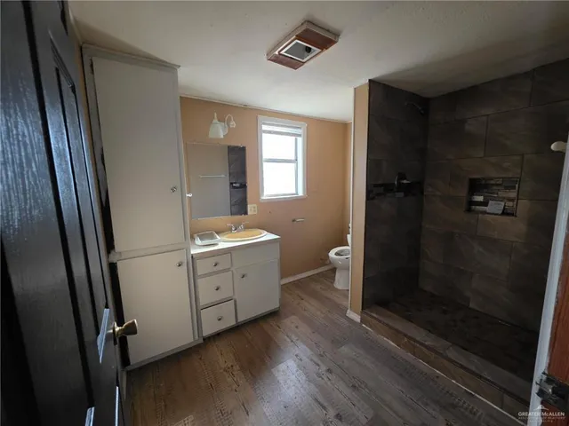 a bathroom with a sink a mirror and a shower