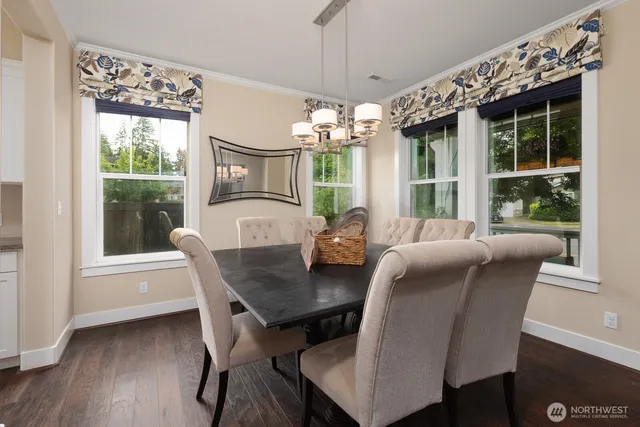 a view of a dining room with furniture window and outside view