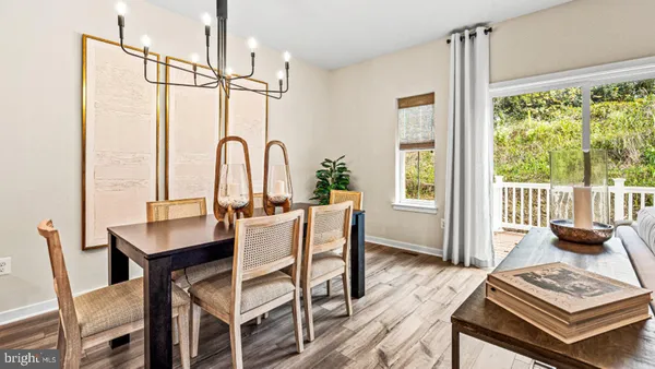 a view of a dining room with furniture window and wooden floor
