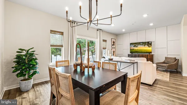 a dining room with furniture potted plants and wooden floor