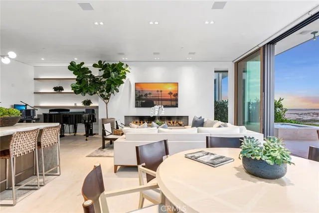 a living room with furniture a potted plant and a large window