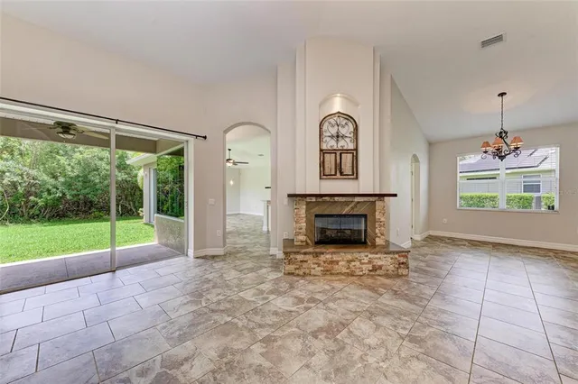 a view of a chandelier in a room