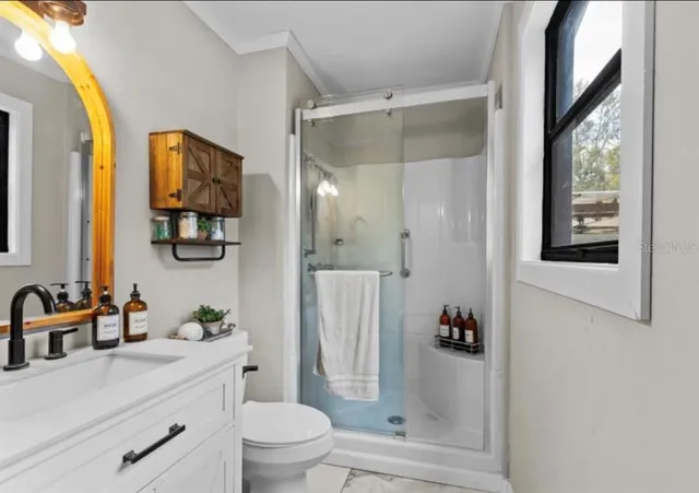 a bathroom with a granite countertop sink toilet a mirror a vanity and shower