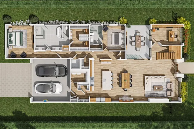 an aerial view of residential houses with outdoor space and swimming pool