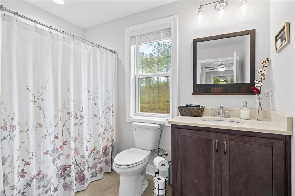 1068 High River Road Ellijay, GA 30540 - Photo 39 of 59 a bathroom with a granite countertop bathtub sink vanity mirror and toilet