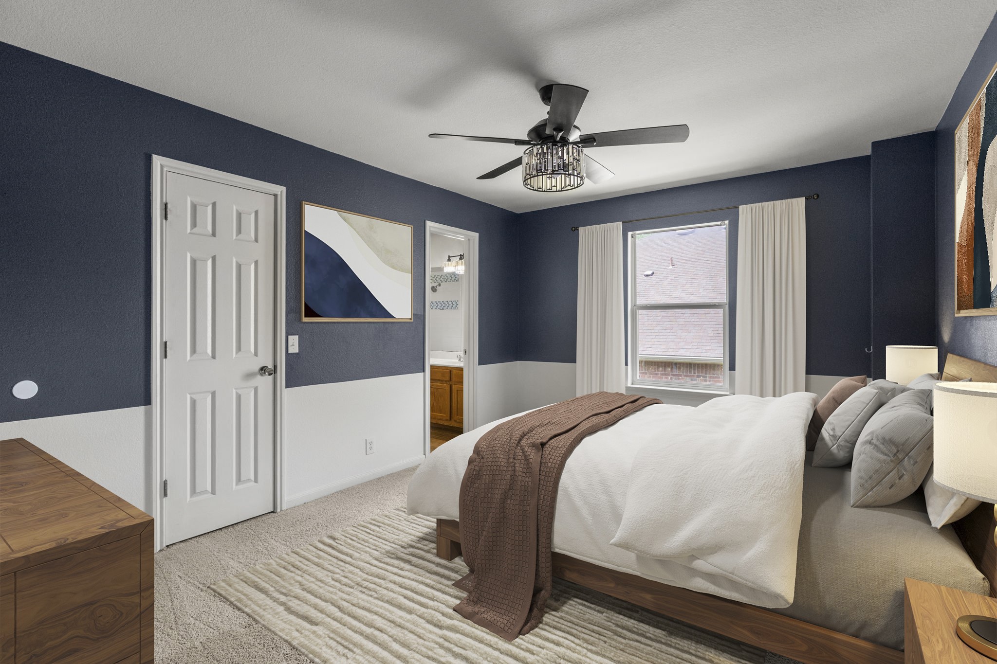 1100 Vanderbilt Circle Pflugerville, TX 78660 - Photo 26 of 39 a bedroom with a large bed chandelier and a window