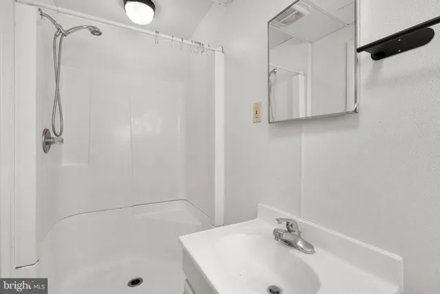 a bathroom with a shower and a sink