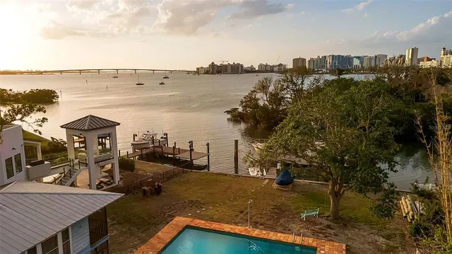 a view of a lake with a terrace