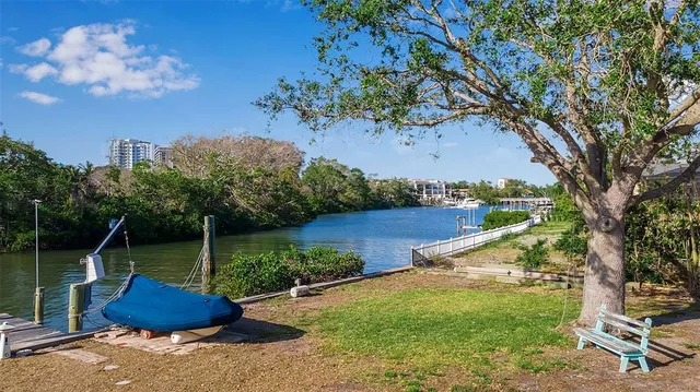 a view of a garden with a bench