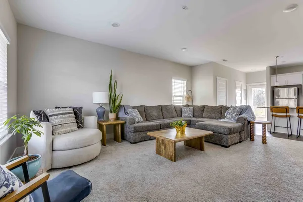a living room with furniture and a potted plant