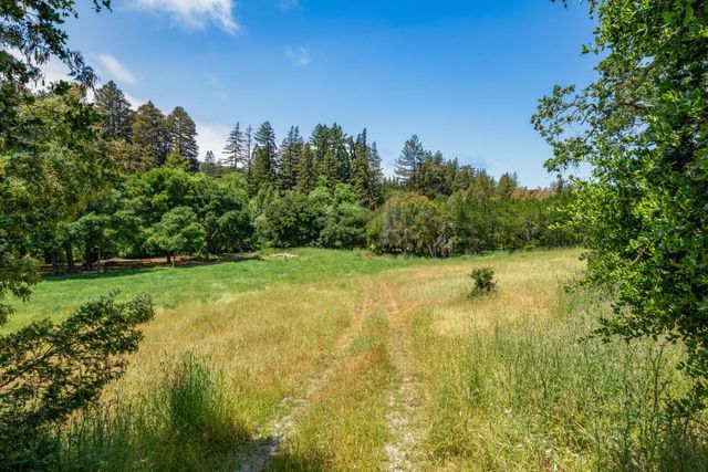 a view of a yard with a house in the background