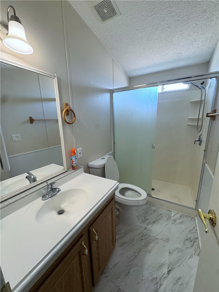 14224 East Randy Ranch Road Kingman, AZ 86401 - Photo 21 of 75 Bathroom featuring a vanity with a white countertop and a cabinet with wooden doors, a toilet, and a walk-in shower with a frosted glass panel