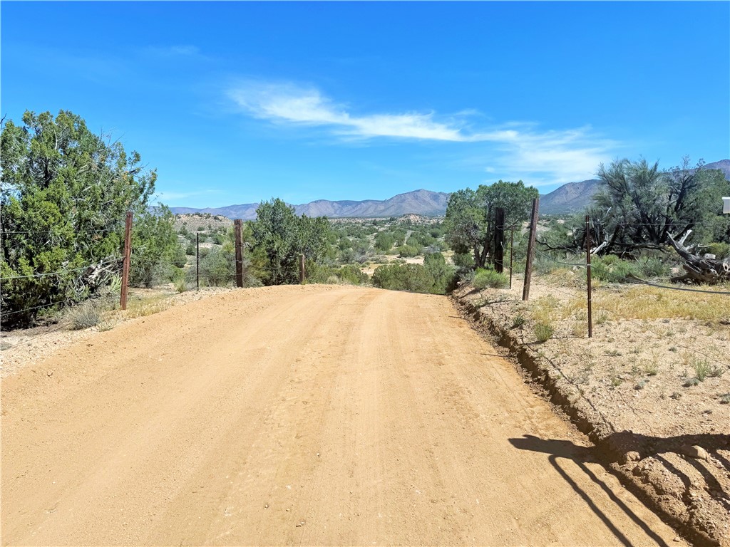 14224 East Randy Ranch Road Kingman, AZ 86401 - Photo 52 of 75 The property features a dirt road leading towards a distant mountain range, surrounded by natural vegetation and fencing