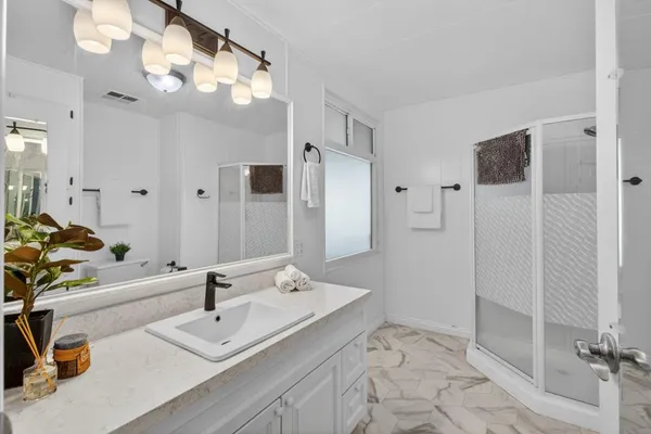 a bathroom with a double vanity sink mirror and shower