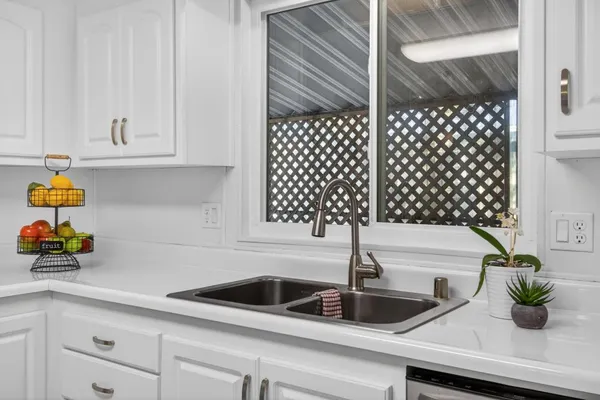 a kitchen with a sink and potted plant