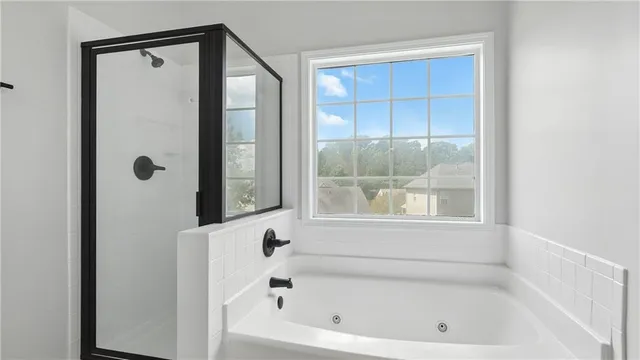 a bathroom with a bathtub and a shower