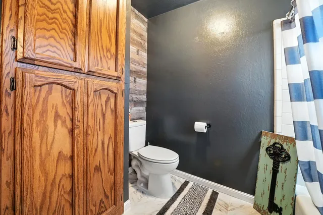 a bathroom with a toilet a sink and a shower curtain