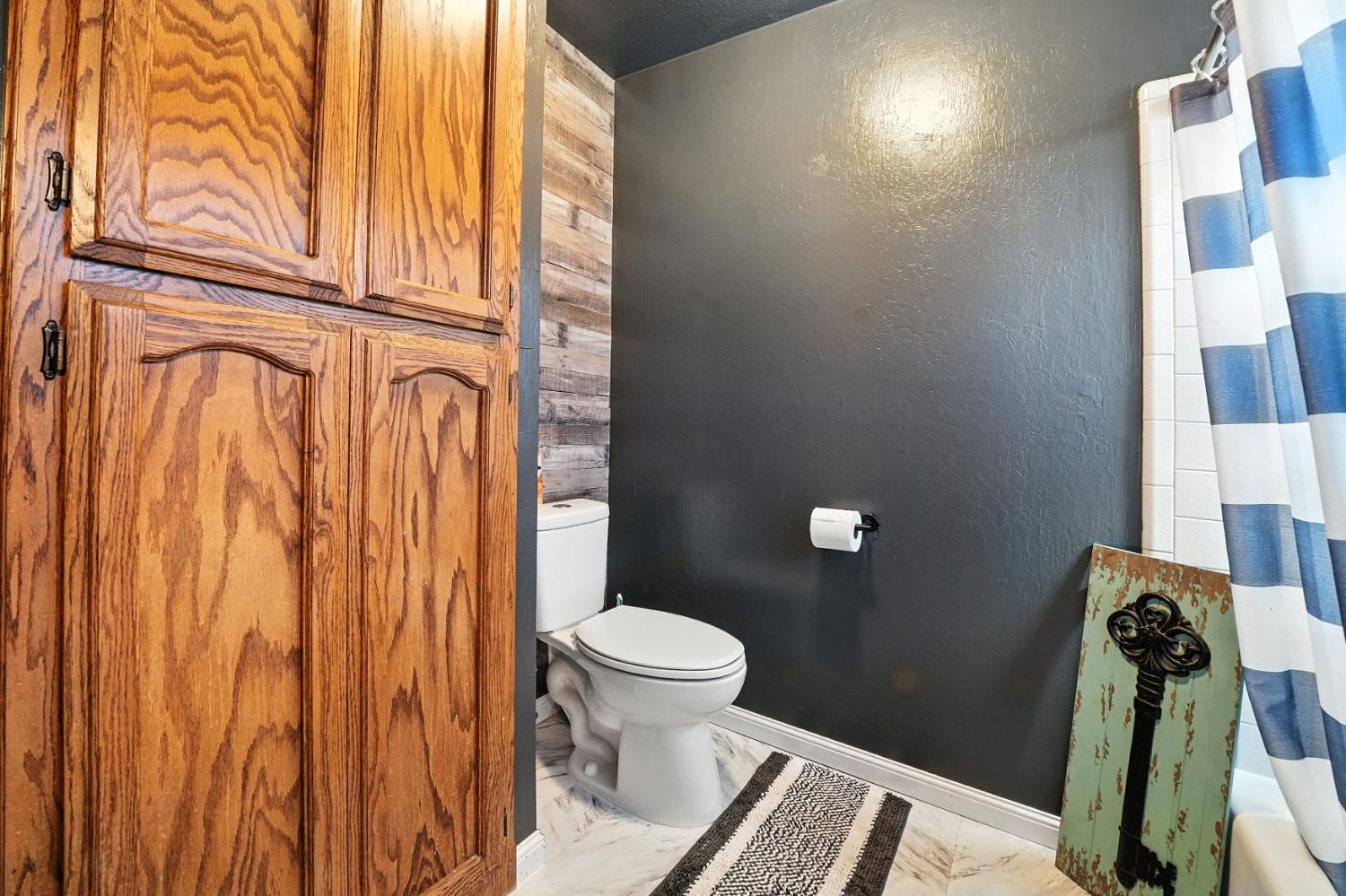 9680 Warren Road Valley Springs, CA 95252 - Photo 36 of 51 a bathroom with a toilet a sink and a shower curtain