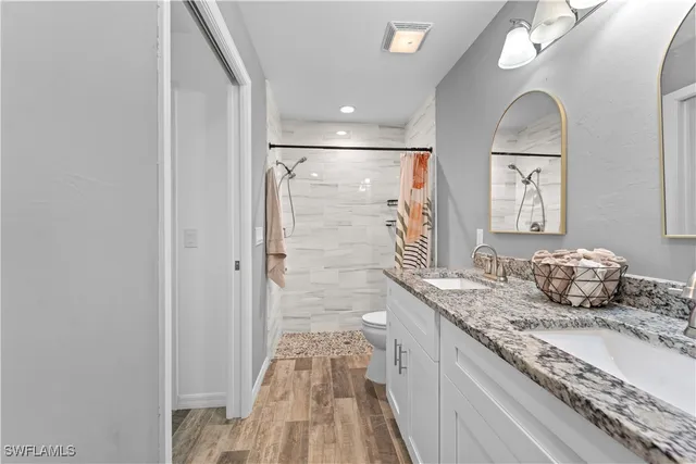 a bathroom with a granite countertop sink a toilet a vanity and mirror