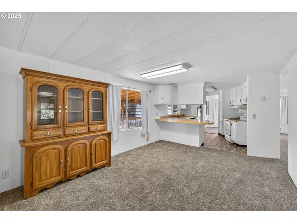 a living room with furniture and a kitchen