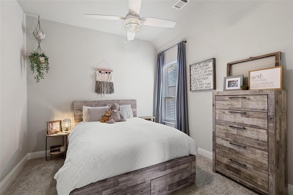 1111 Belknap Way Prosper, TX 75078 - Photo 15 of 24 Bedroom featuring carpet flooring, ceiling fan, and vaulted ceiling