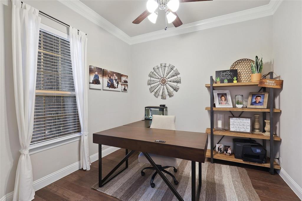 1111 Belknap Way Prosper, TX 75078 - Photo 3 of 24 Office space featuring ornamental molding, a ceiling fan, and dark wood finished floors