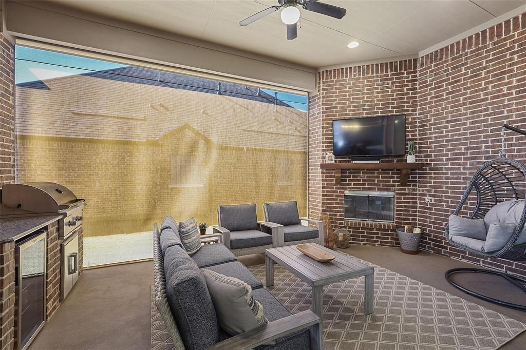 1111 Belknap Way Prosper, TX 75078 - Photo 6 of 24 View of patio / terrace with an outdoor kitchen, an outdoor living space, a ceiling fan, and beverage cooler