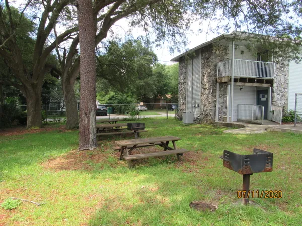 a view of a park with slide