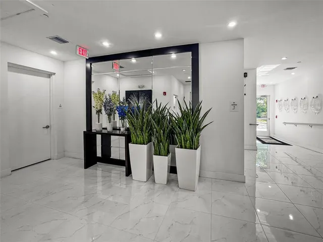 a view of a hallway with a potted plant
