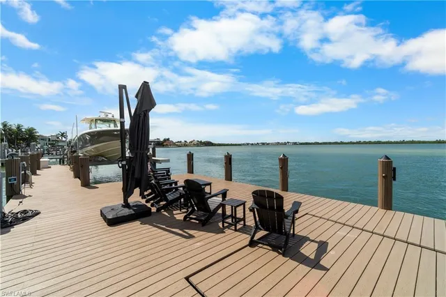 a view of a deck with wooden floor and lake view