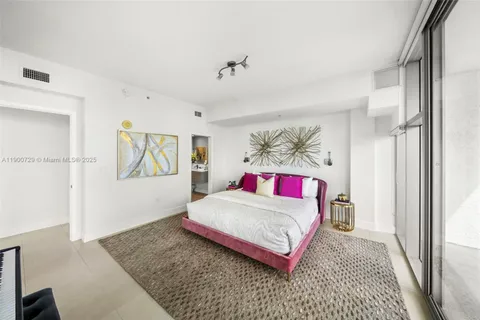 a bedroom with a bed and a painting on the wall