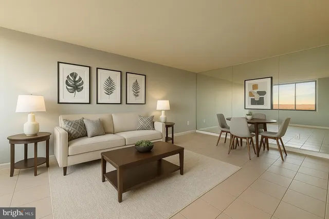 a living room with furniture and a table