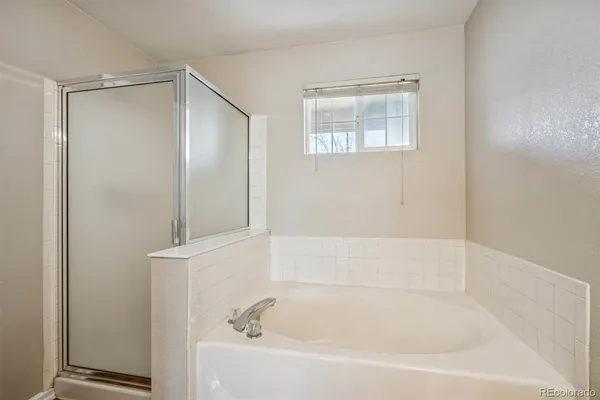a bathroom with a bathtub and a shower