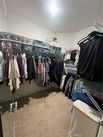 a view of walk in closet with clothes