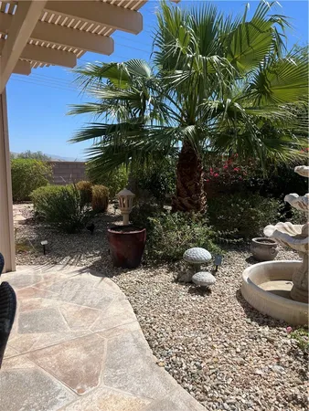 a view of a backyard with plants and patio