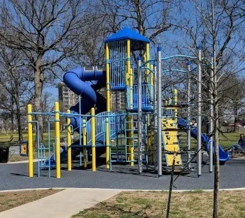 a view of a building with sitting area