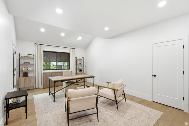 3027 Homestead Road Park City, UT 84098 - Photo 16 of 62 Vaulted ceiling room featuring recessed lighting, wood-finish flooring, and white walls