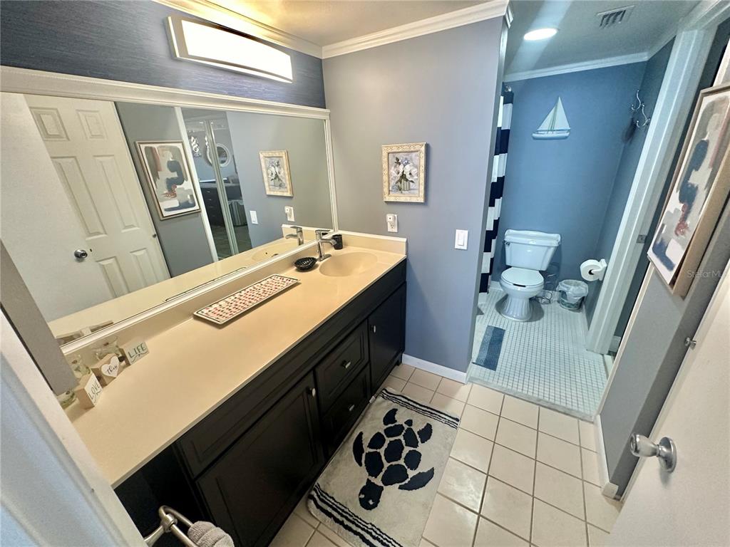 6009 Sea Ranch Drive, Unit 704 Hudson, FL 34667 - Photo 15 of 57 a bathroom with a sink a mirror and a toilet