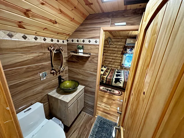 a bathroom with a toilet and a shower