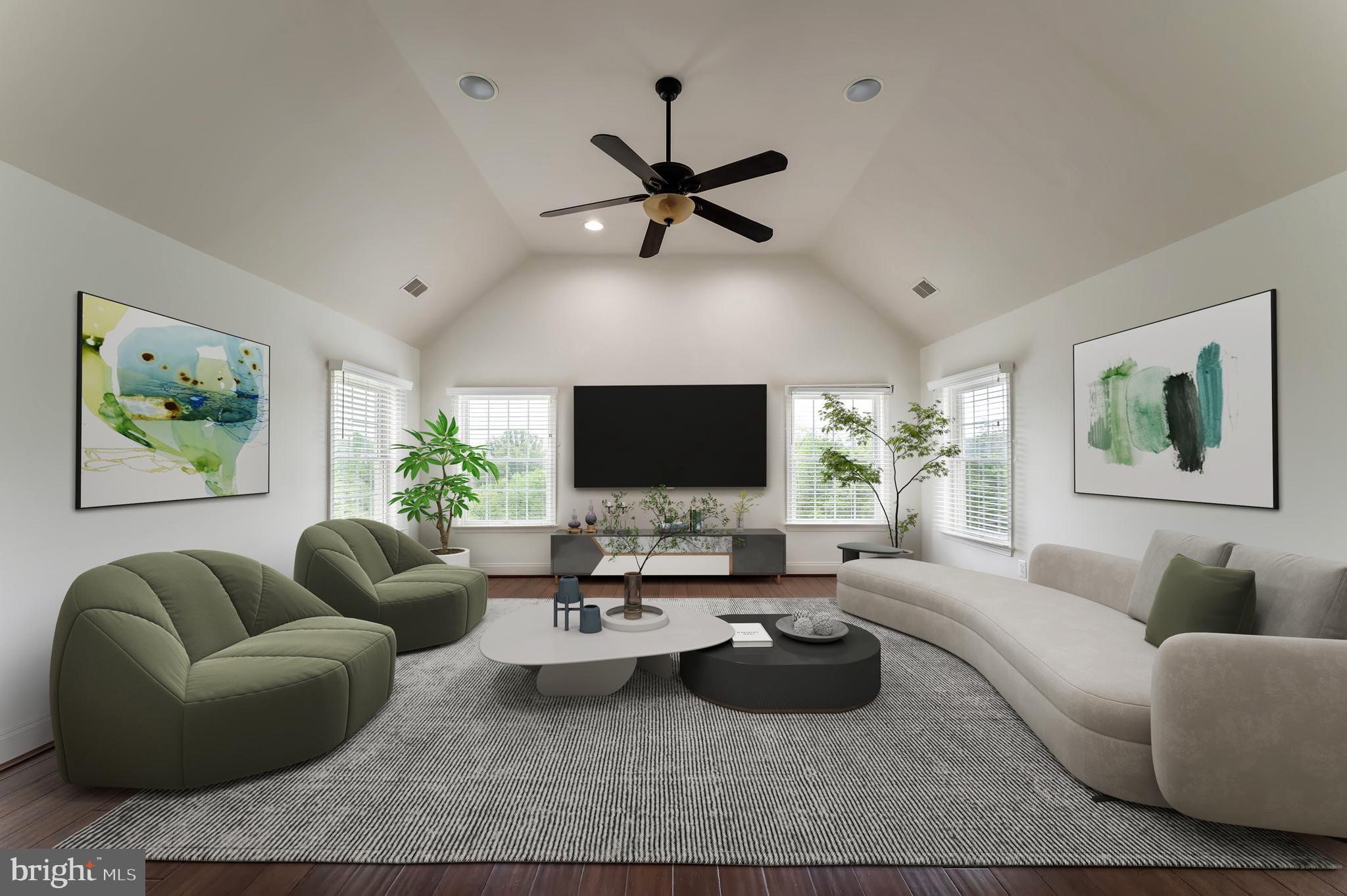 18102 Eaglesham Court Leesburg, VA 20175 - Photo 56 of 92 a living room with furniture a ceiling fan and a flat screen tv