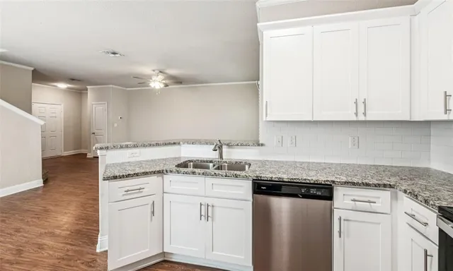 a kitchen with stainless steel appliances granite countertop a sink and dishwasher with white cabinets