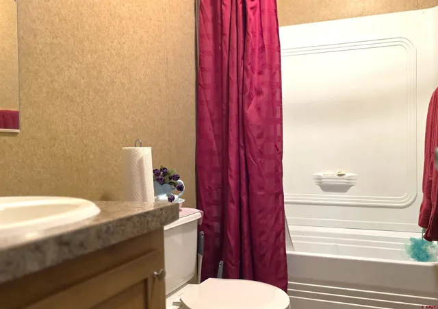 a bathroom with a sink a toilet and shower curtain