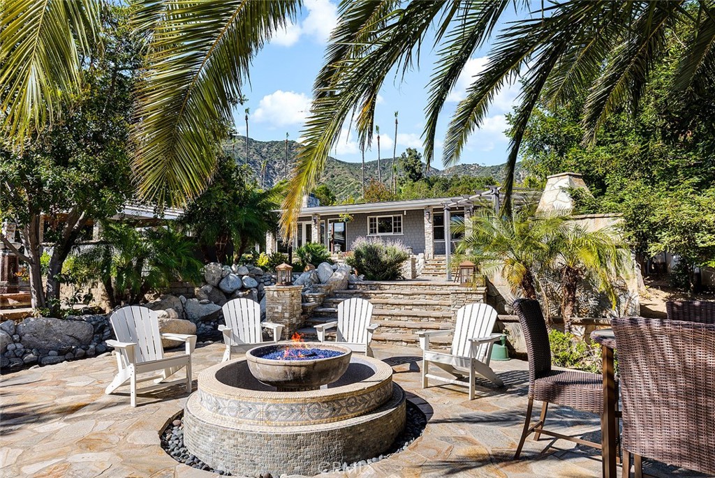 2212 Rim Road Duarte, CA 91008 - Photo 36 of 52 a patio with a table and chairs and a fire pit